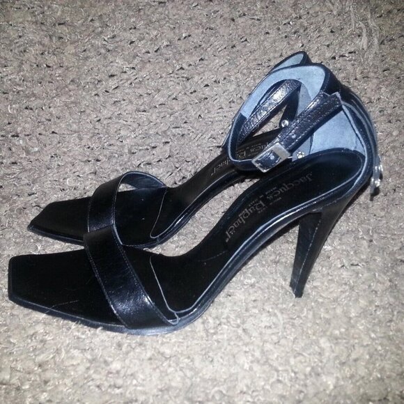 JACQUES RAPHAEL-ITALY-Black Leather Ankle Wrap-Jeweled Kilty Sandals-Sz 37-NEW - Picture 2 of 8